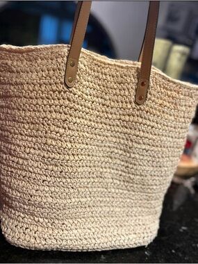 Banana Republic Woven Tote Bag with Tan Handles - Neutral Beach Tote
